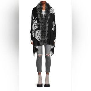 BELLE FAREFaux Fur Pom-Pom Wool & Cashmere Ruana